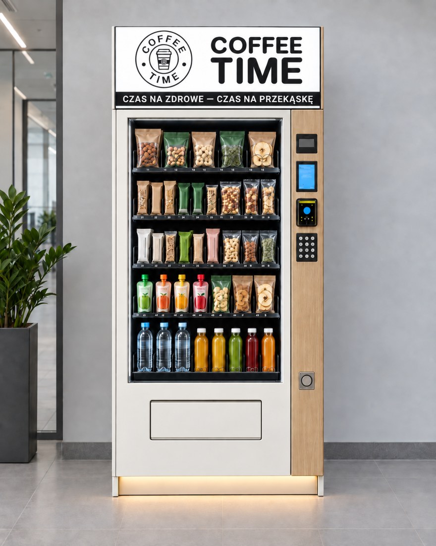 Automat Coffee Time w wersji White & Light — jasna obudowa z jasnym drewnem