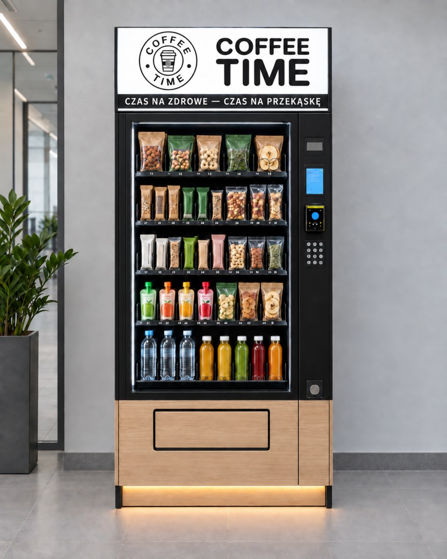 Automat Coffee Time w wersji Wood & Black — czarny moduł z drewnianą zabudową